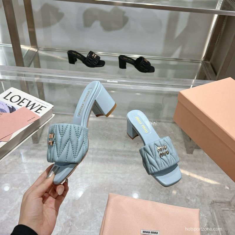 2025 Women Miumiu Light Blue Sheepskin Heeled Sandals