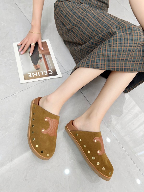 2025 Slippers Celine Brown Pink Suede Leather Studded LY00240