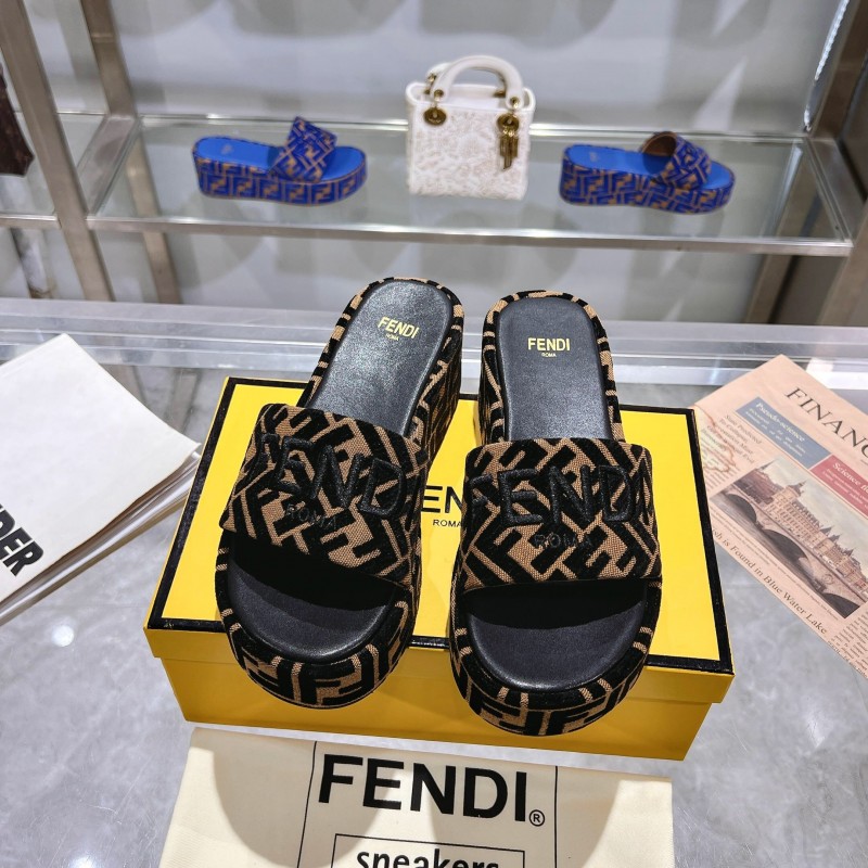 2025 Slippers Fendi Black Brown Canvas Platform FF Jacquard KFY00240