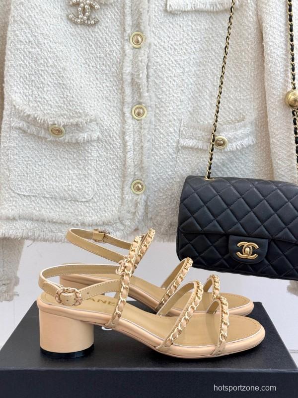 2025 Women Chanel Beige Lambskin Chain Strap Block Heel Sandals