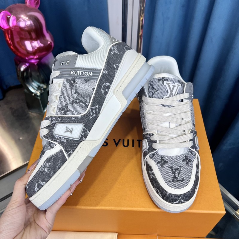 2025 Unisex Louis Vuitton Grey White Fabric Leather Sneakers