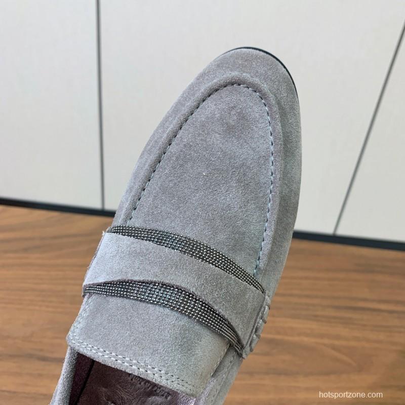 2025 Men Brunello Cucinelli Grey Suede Loafers Handcrafted Leather Sole KFY00300(M)