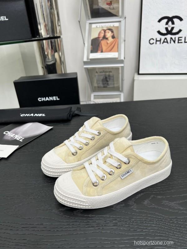 2025 Women Chanel Cream Canvas Leather Casual Sneakers LY00230