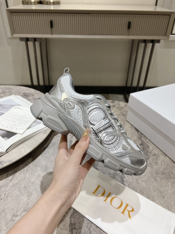 2025 Women Dior Silver Mesh Leather Running Sneakers