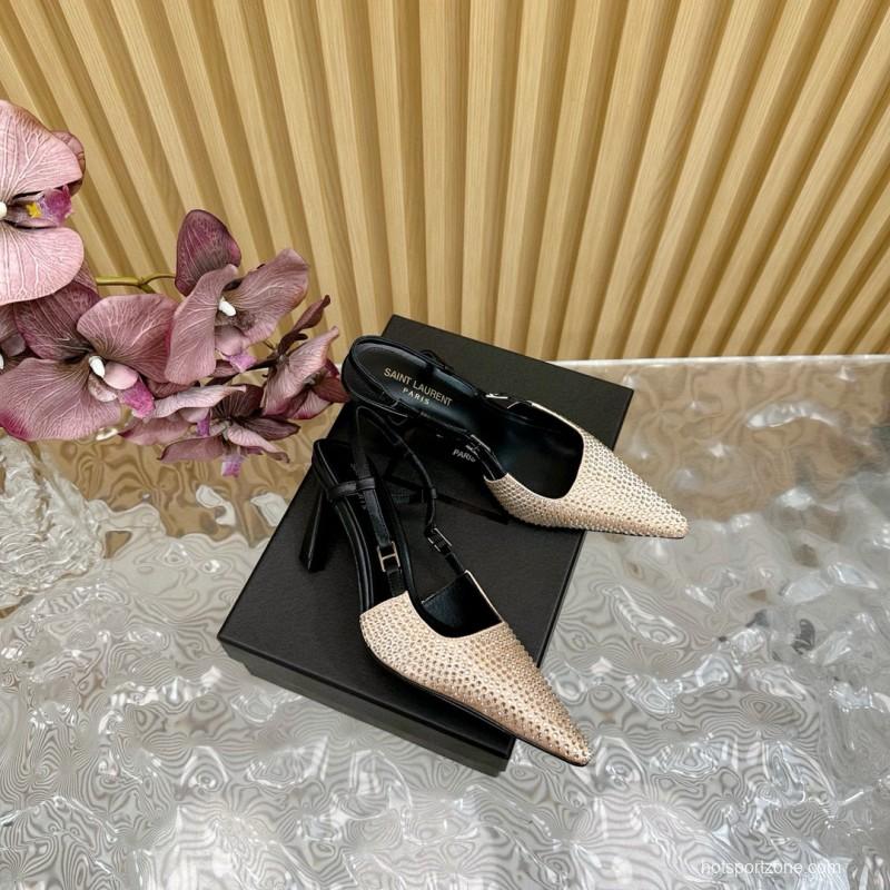 2024 Women Yves Saint Laurent Beige Rhinestone Silk Slingback Pumps MJ00320