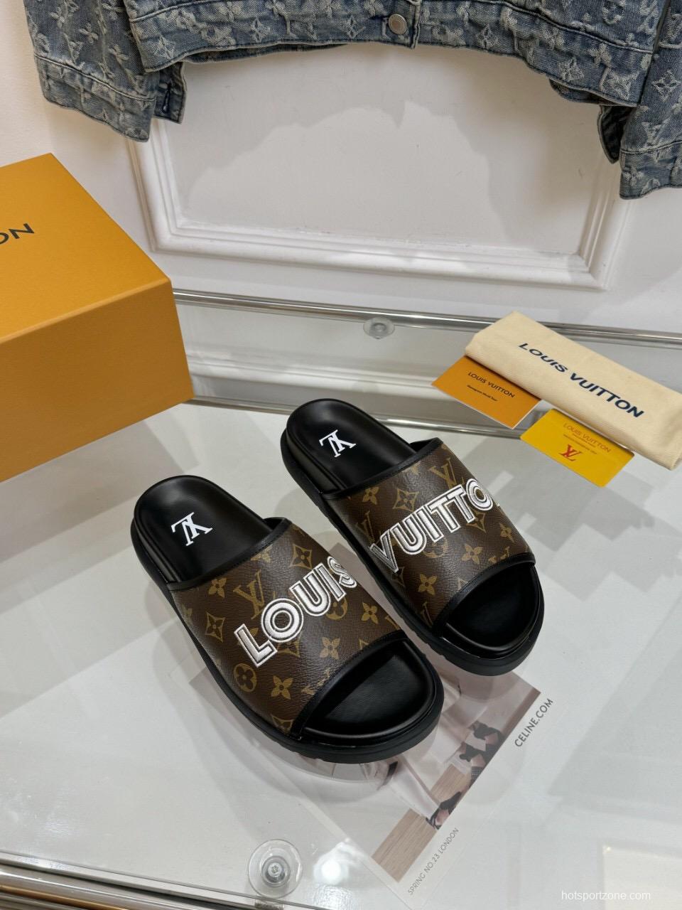 2025 Louis Vuitton Brown Black Leather Slippers LY
