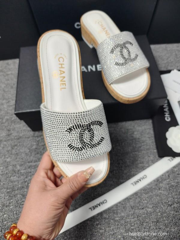 2025 CHANEL Silver Crystal Leather Slippers