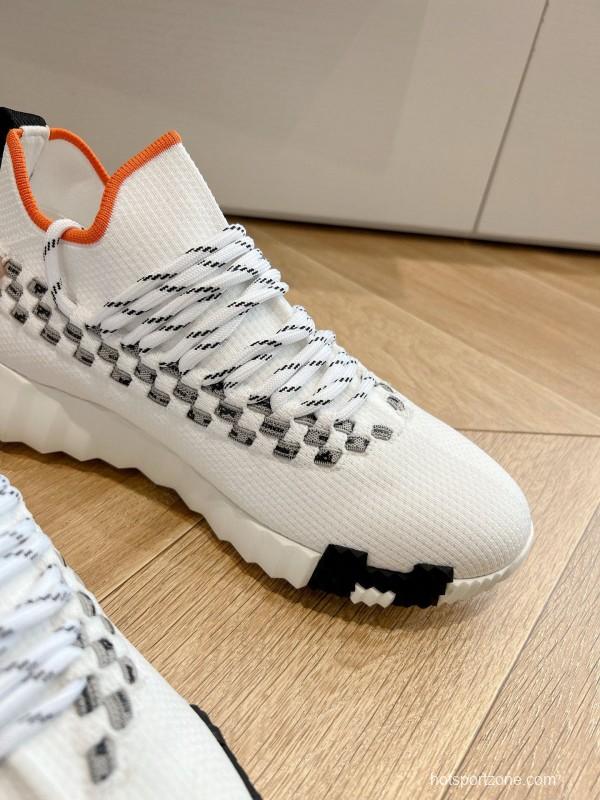 2024 Unisex Hermès White Grey Orange Calfskin Suede Knit Sneakers MJ00290(F/M)