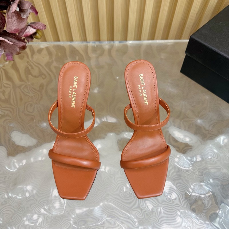 2025 Women Yves Saint Laurent Brown Leather High Heel Sandals Metal Logo MJ00310