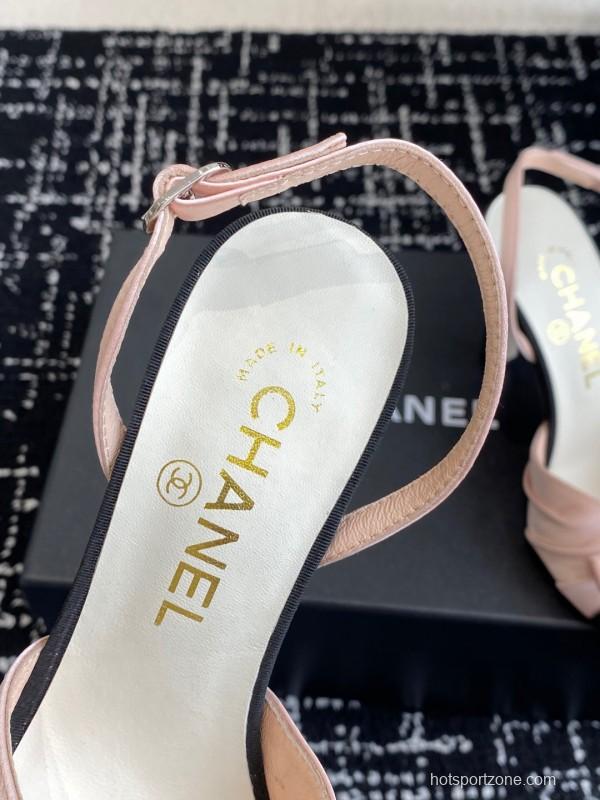 2025 Women Chanel Pink Black Satin Leather Slingback Heels KFY00289
