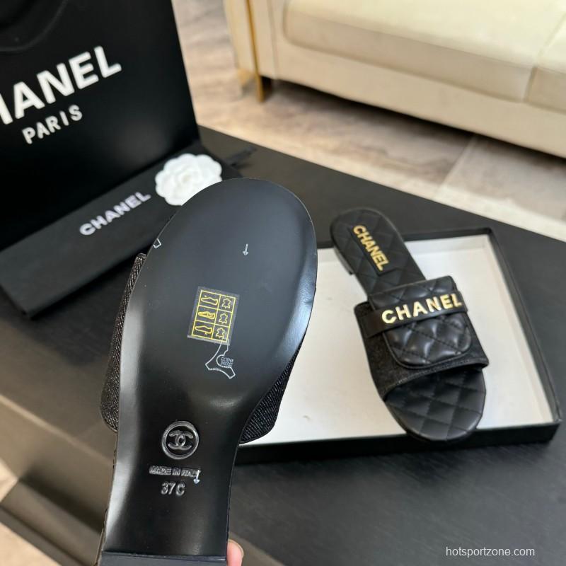 2025 Women Chanel Black Leather Slippers