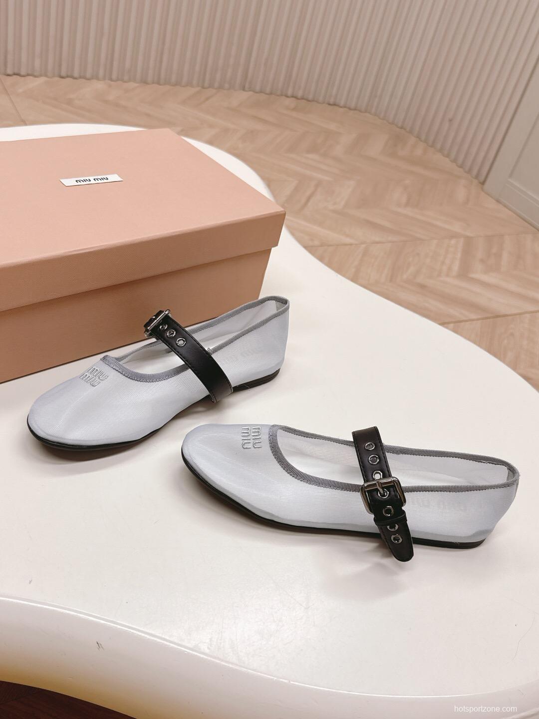 2025 Women Miu Miu White Black Mesh Leather Ballet Flats LY00230