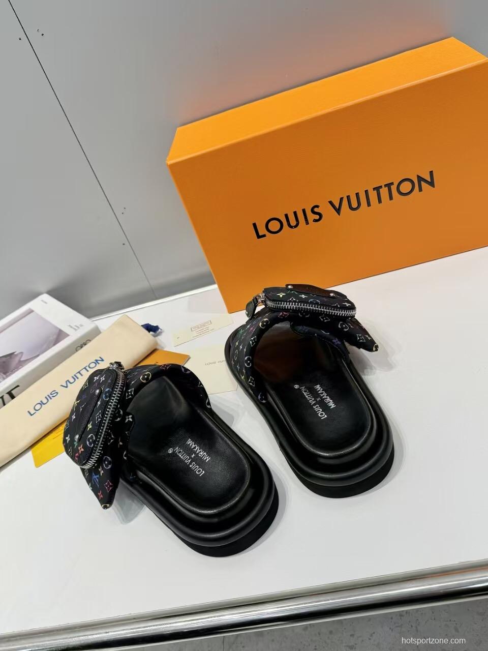 2025 Women Louis Vuitton Black Colorful Canvas Slippers Monogram KFY00230