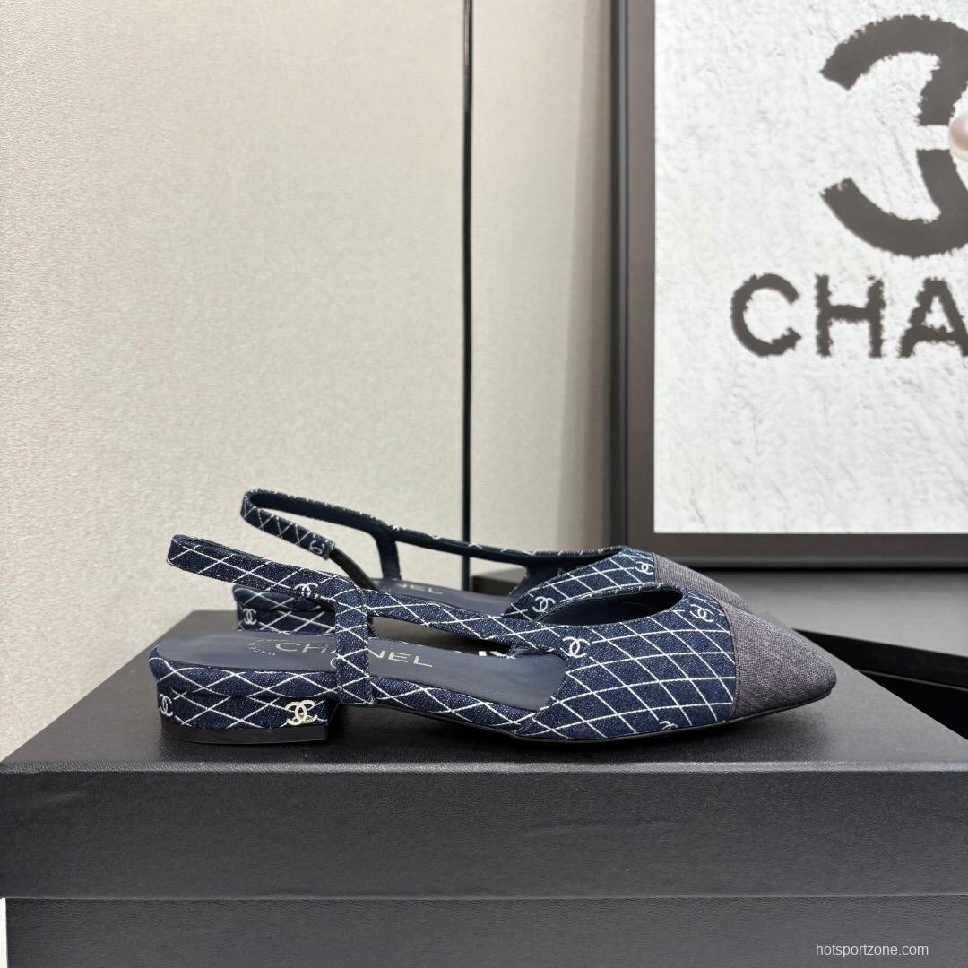 2025 Women Chanel Navy Blue Grey Fabric Leather Slingback LY00000