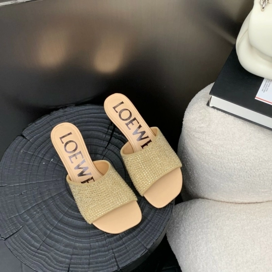 2025 Women Loewe Beige Rhinestone Leather Slippers LY00240