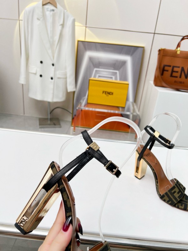 2025 Women Fendi Brown Black Leather Fabric High Heel Sandals