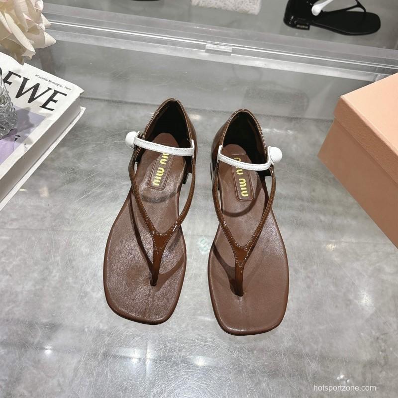 2025 Women Miu Miu Brown Leather T-Strap Flat Sandals KFY00289(F)