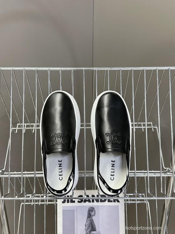 2025 Women CELINE Black White Leather Slip-On Sneakers LY00280