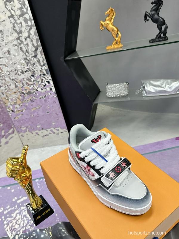 2024 Unisex Louis Vuitton White Gray Pink Leather Mesh Trainer