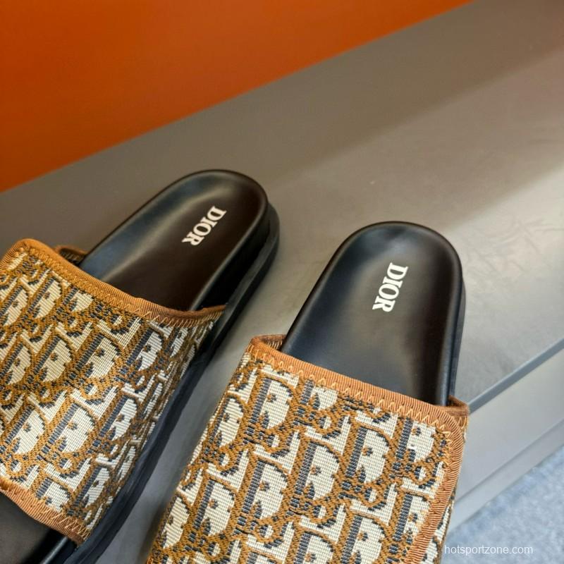 2024 Slippers Dior brown beige jacquard leather Slippers MJ00180