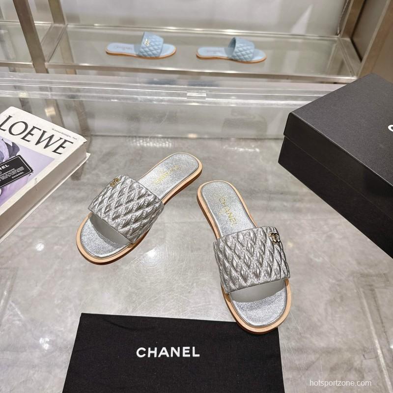 2025 Slippers Chanel Silver Leather Slippers