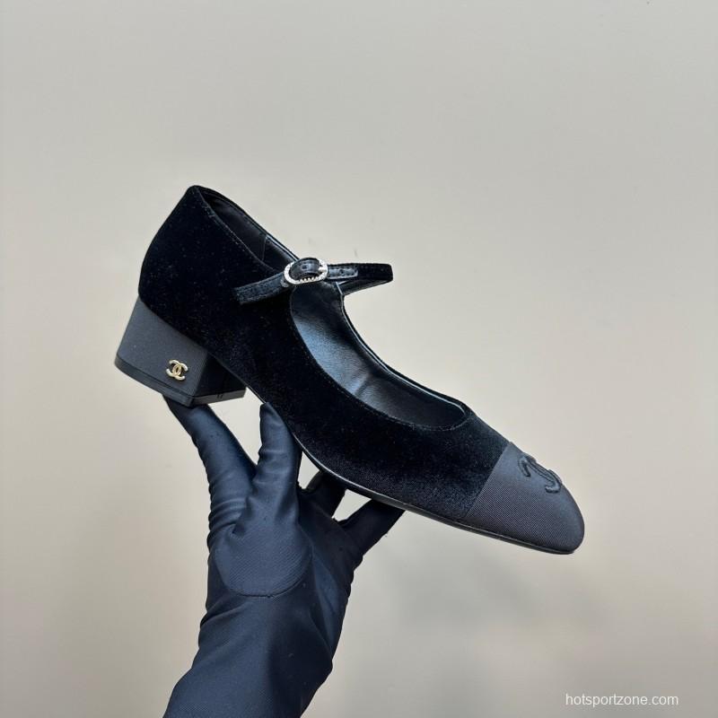 2025 Women Chanel Black Velvet Leather Mary Jane