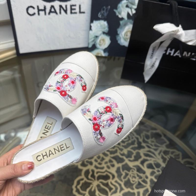 2025 Women Chanel White Canvas Embroidered Espadrille Mule