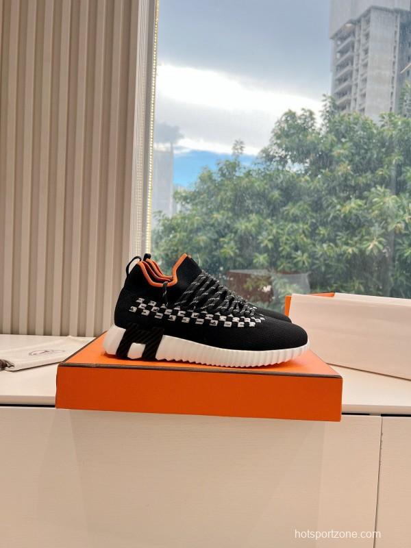 2024 Unisex Hermès Black White Orange Calfskin Suede Sneakers MJ00290