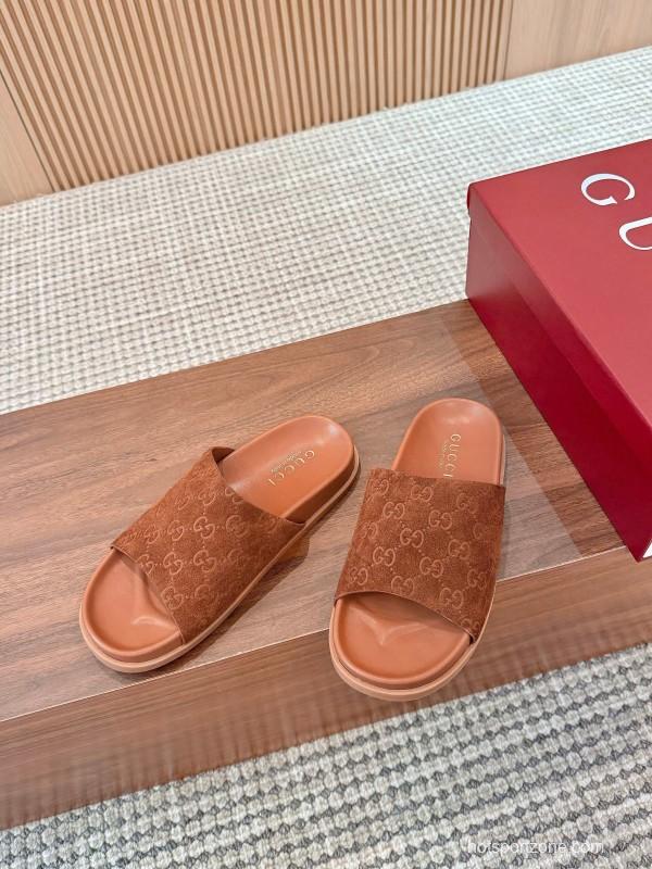 2025 Women Gucci Brown Suede Leather Slippers
