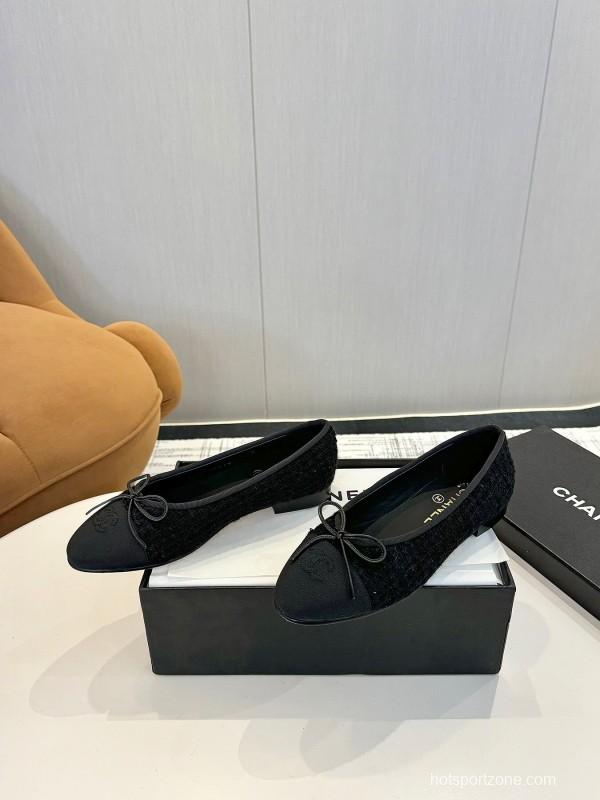 2025 Women Chanel Black Lambskin Tweed Ballet Flats LY00250