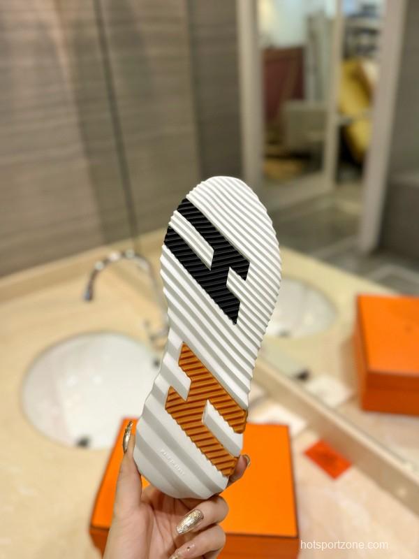 2024 Unisex Hermès White Imported Calf Leather Rain Cloth Casual Sneakers MJ00320