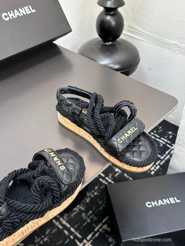 2025 Slippers Chanel Black Rope Leather Sandal LY00260