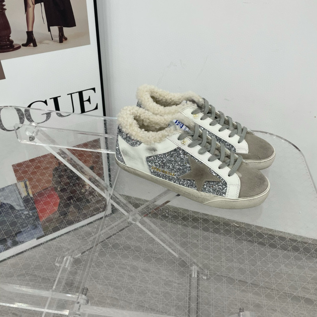 2025 Women GGDB White Silver Suede Leather Glitter Star Sneakers