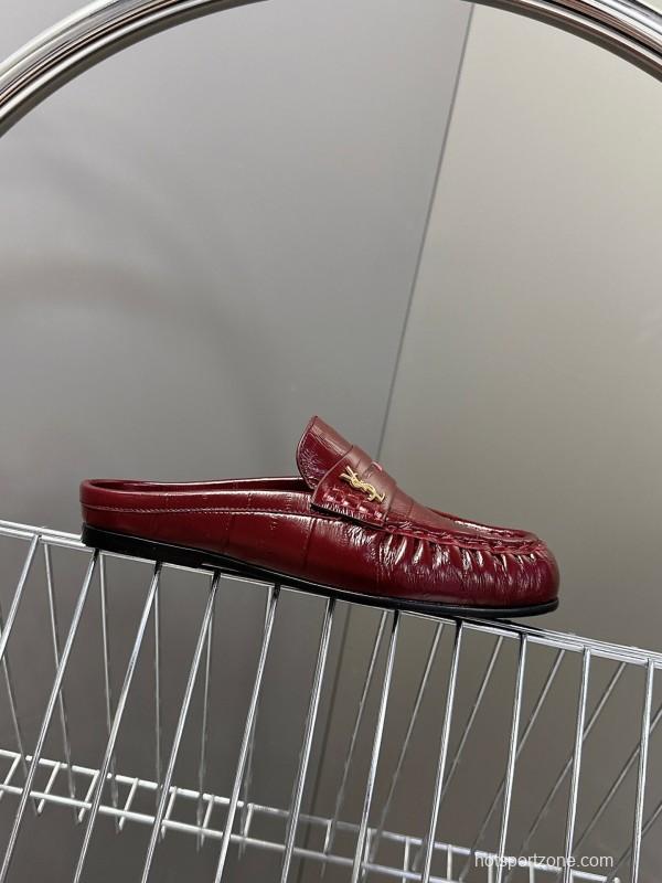 2025 Women Yves Saint Laurent Burgundy Leather Loafers