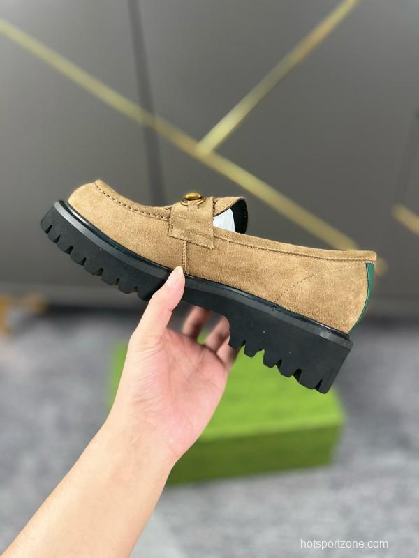 2024 Women Gucci Beige Suede Leather Loafers MJ00300