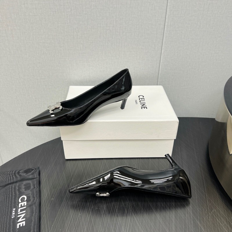 2025 Women Celine Black Patent Leather Pointed Toe Buckle Pumps KFY00290