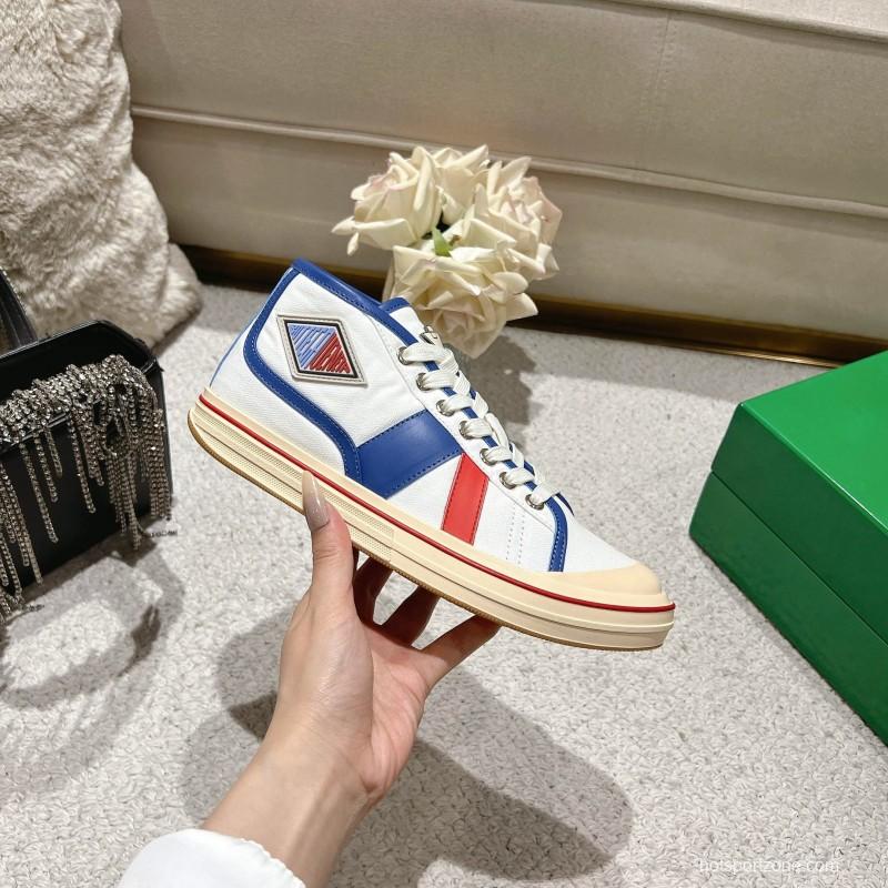 2025 Unisex Bottega Veneta White Blue Red Canvas Lambskin Sneakers Hand Painted LY00