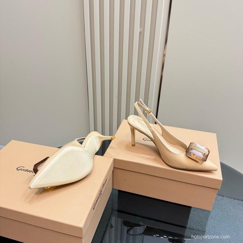 2025 Women Gianvito Rossi Beige Patent Leather Slingback High Heel Gemstone KFY00300