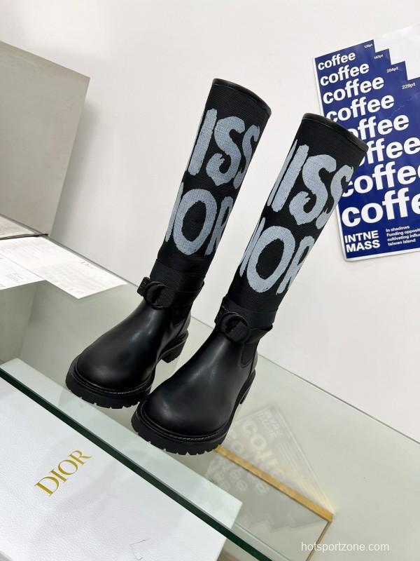 2024 Women Dior black leather knit fabric boots MJ00350