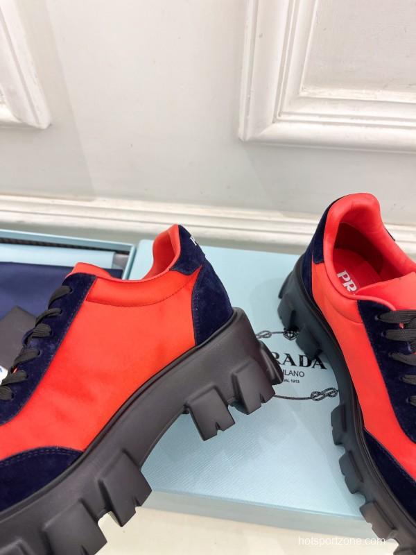 2025 Unisex Prada Red Navy Suede Silk Sneakers KFY00310(F)/KFY00330(M)