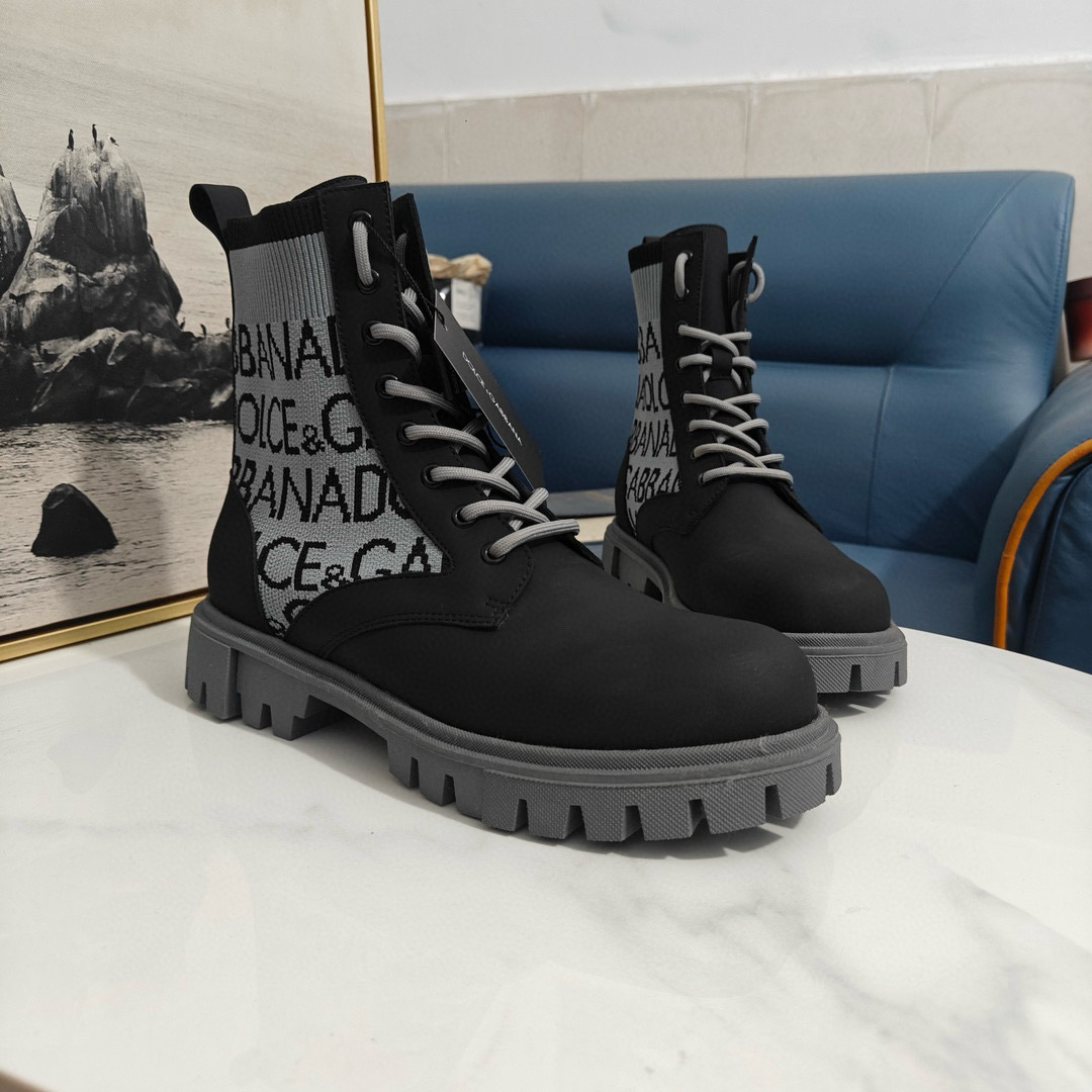 2024 Unisex Dolce & Gabbana Black Light Grey Fabric Leather Boots
