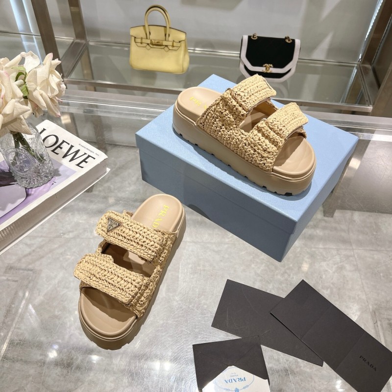 2025 Women Prada Beige Woven Leather Slippers LY