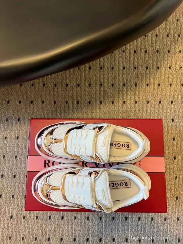 2025 Women Roger Vivier White Pink Leather Mesh Sneakers KFY00380