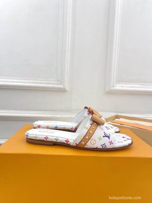 2025 Women Louis Vuitton White Multicolor Leather Slippers KFY00290