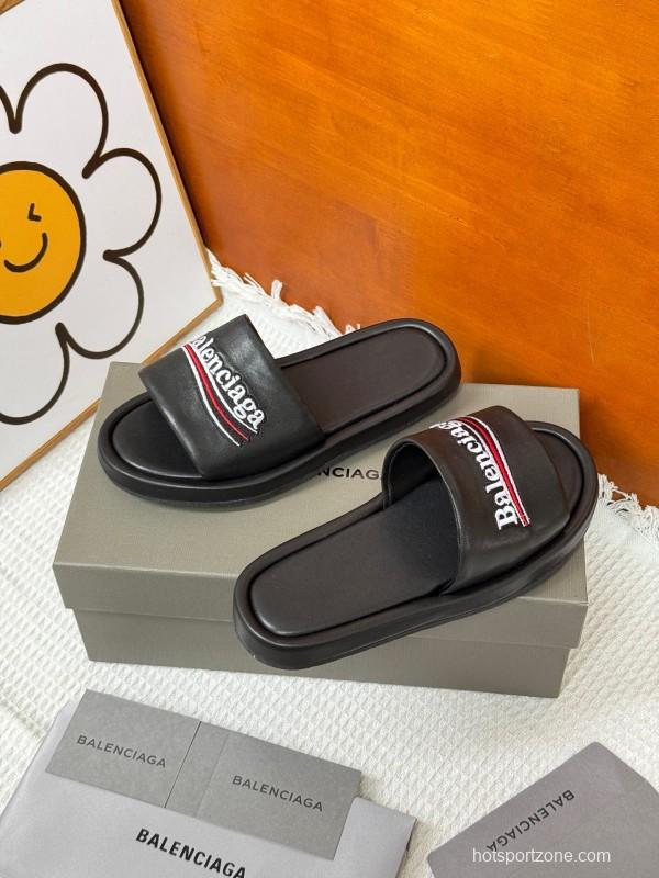 2025 Slippers Balenciaga Black Leather Slippers KFY00230