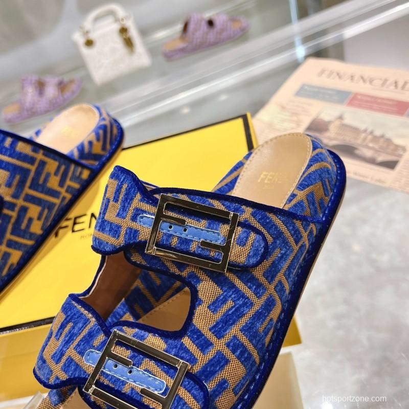 2025 Slippers Fendi Blue Brown Jacquard Buckle KFY00250