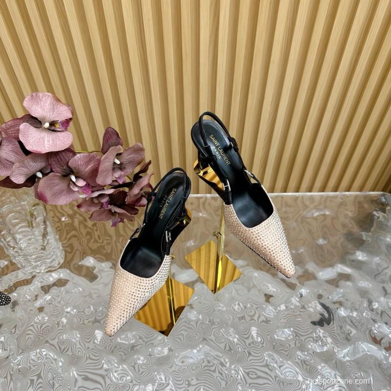 2024 Women Yves Saint Laurent Beige Rhinestone Silk Slingback Pumps MJ00320