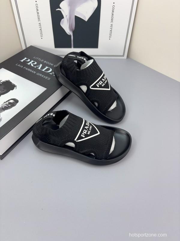2025 Kids PRADA Black White Fabric Sandals