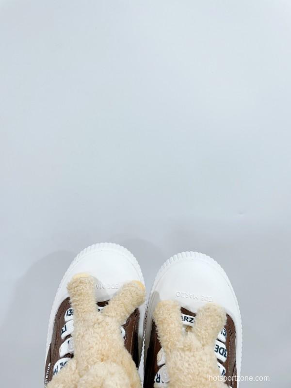 2025 Women 13DE MARZO Brown White Leather Plush Toy Sneakers KFY00300