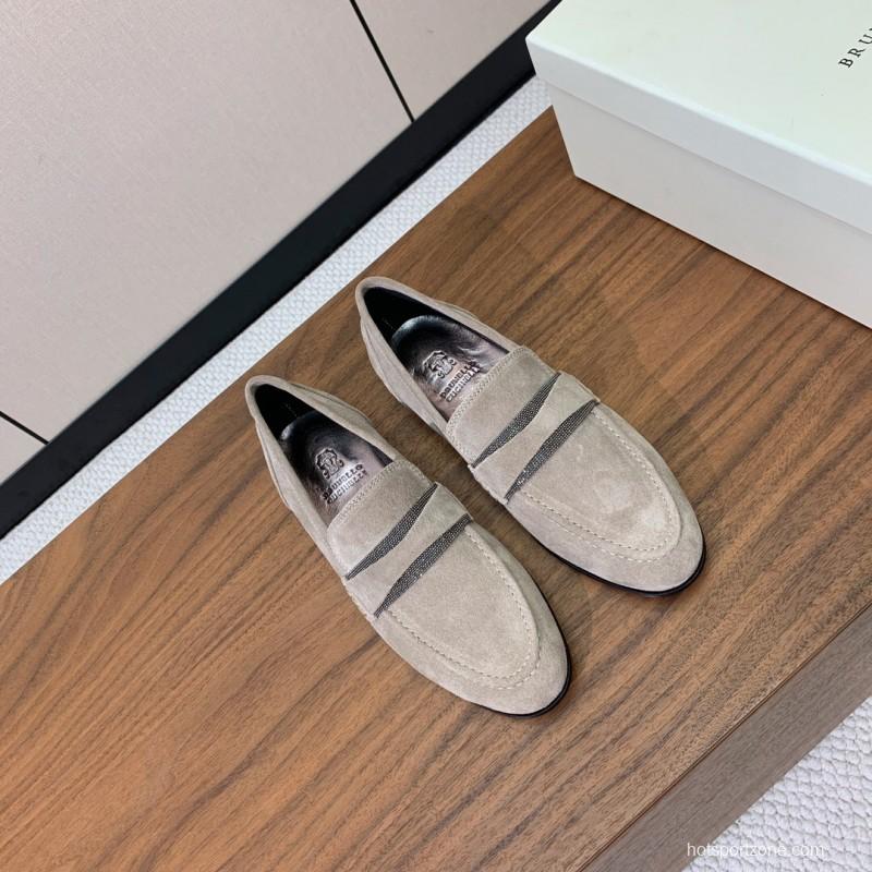 2025 Unisex Brunello Cucinelli Beige Suede Loafers Handmade Craftsmanship KFY00300